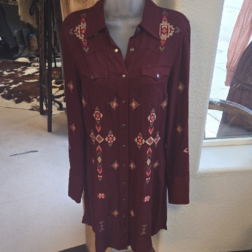 Stetson Burgundy Long Sleeve Dress with Geometric Patterns - Picture 2 of 6